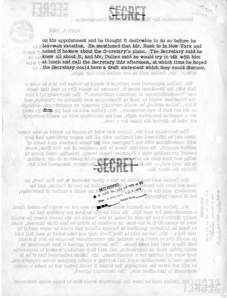 Memorandum of Telephone Conversation with John Foster Dulles