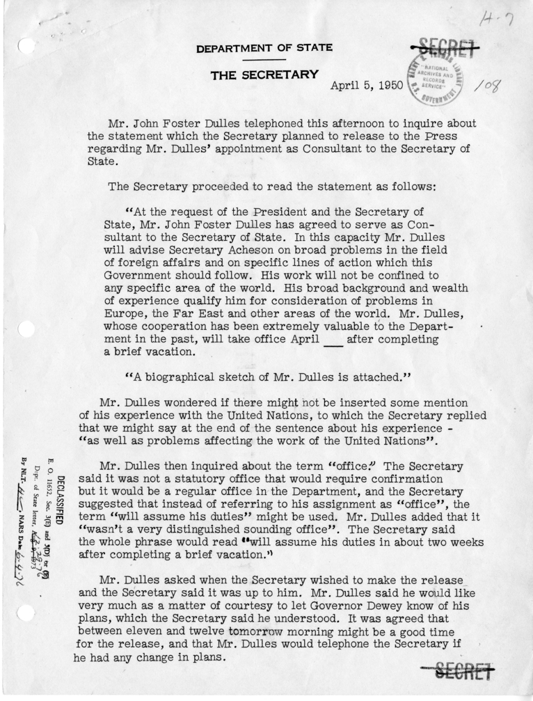 Memorandum of Telephone Conversation with John Foster Dulles