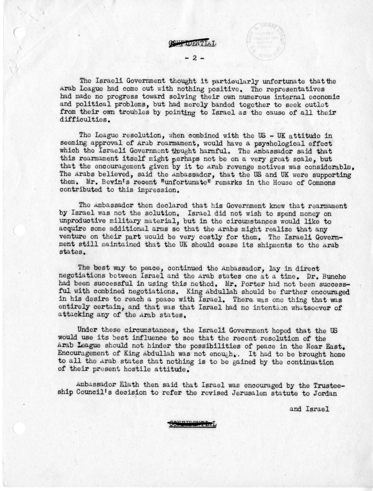 Memorandum of Conversation with the Ambassador of Israel, Eliahu Elath, and Stuart Rockwell