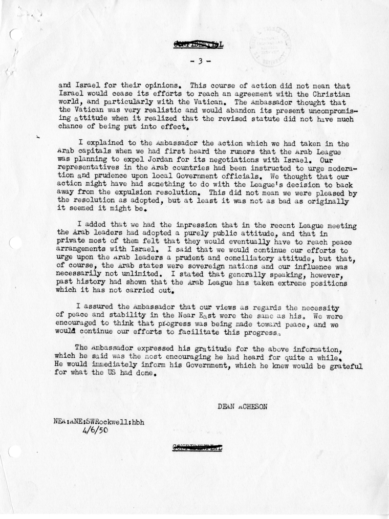 Memorandum of Conversation with the Ambassador of Israel, Eliahu Elath, and Stuart Rockwell
