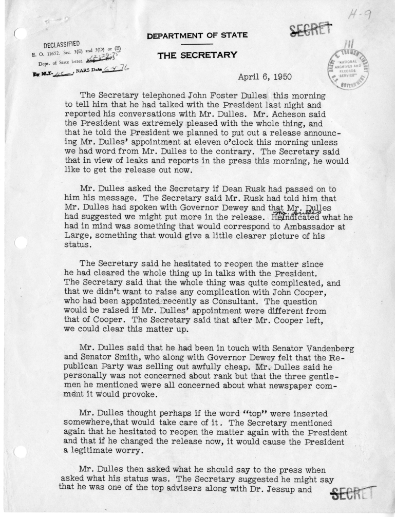 Memorandum of Telephone Conversation with John Foster Dulles