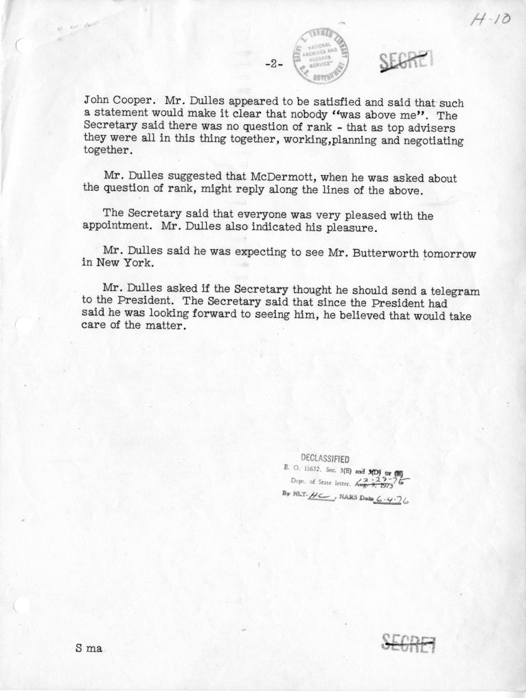 Memorandum of Telephone Conversation with John Foster Dulles