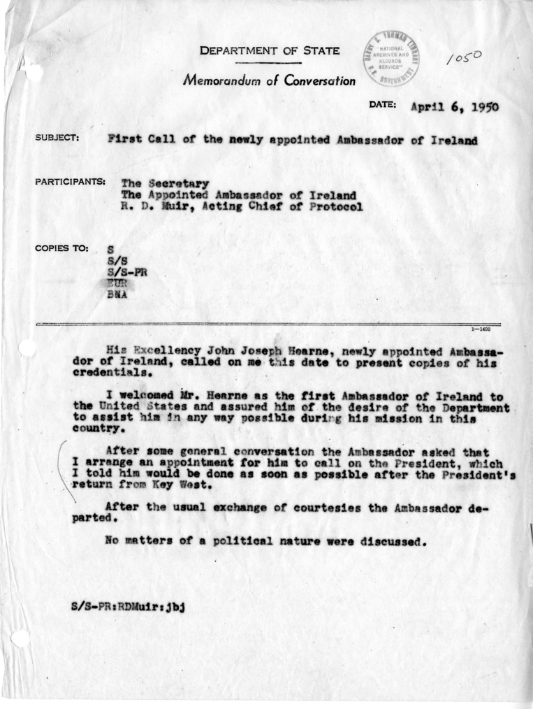 Memorandum of Conversation with the Ambassador of Ireland