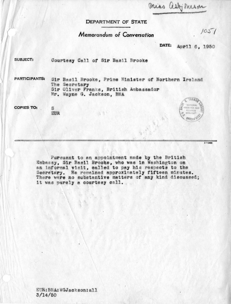 Memorandum of Conversation with Sir Basil Brooke, Prime Minister of Northern Ireland
