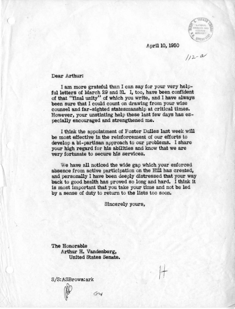 Letter from Dean Acheson to Arthur Vandenberg