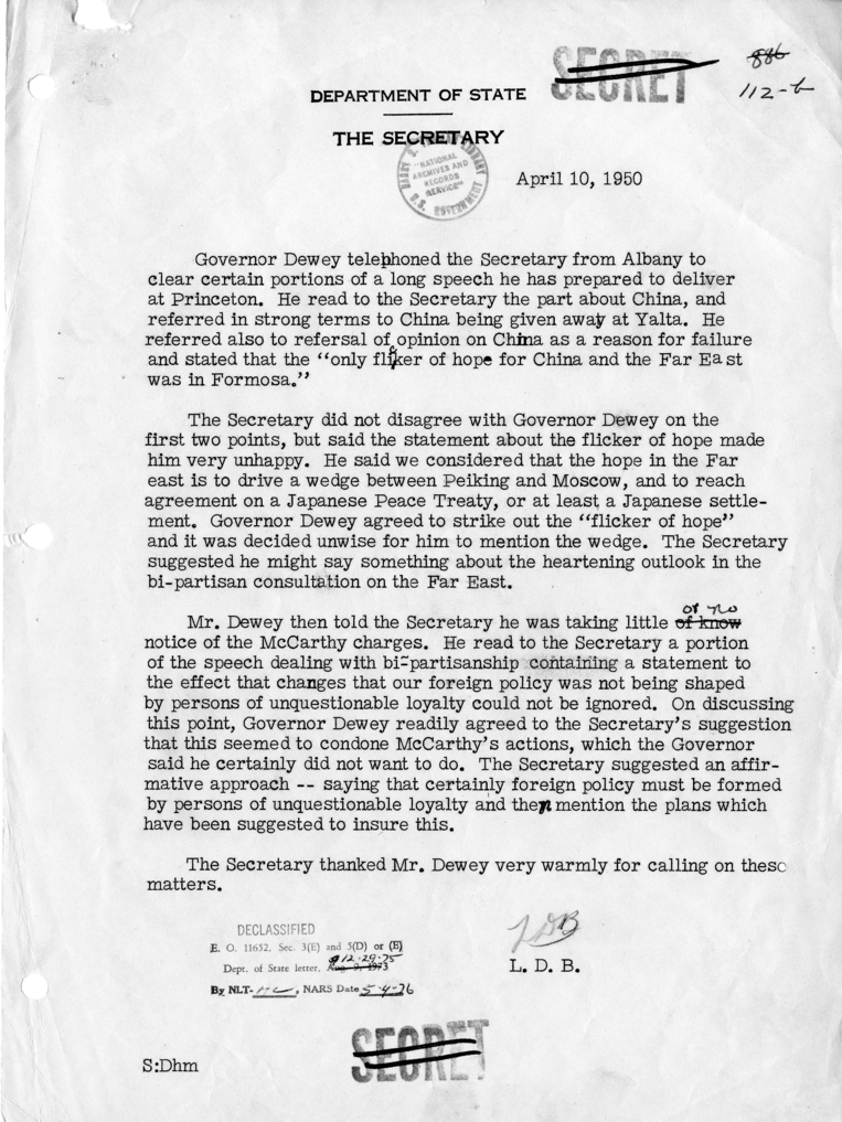 Memorandum of Telephone Conversation with Governor Thomas E. Dewey of New York