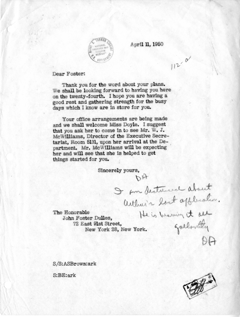 Letter from Dean Acheson to John Foster Dulles