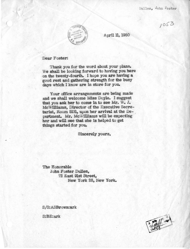 Correspondence Between Dean Acheson and John Foster Dulles
