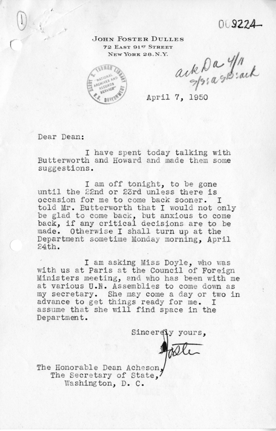 Correspondence Between Dean Acheson and John Foster Dulles