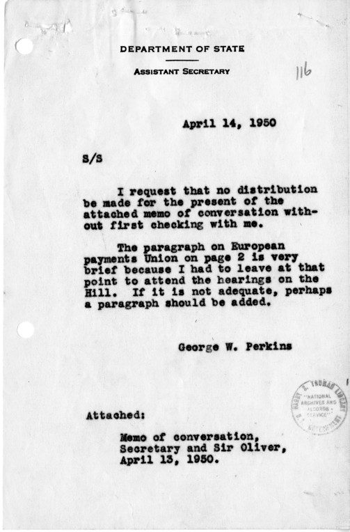 Memorandum of Conversation with Sir Oliver Franks, the Ambassador of Great Britain, and Assistant Secretary of State George W. Perkins