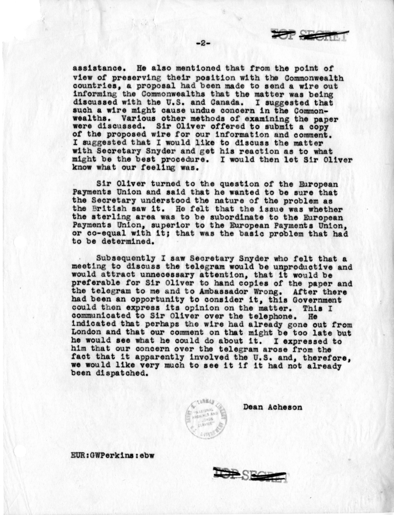 Memorandum of Conversation with Sir Oliver Franks, the Ambassador of Great Britain, and Assistant Secretary of State George W. Perkins