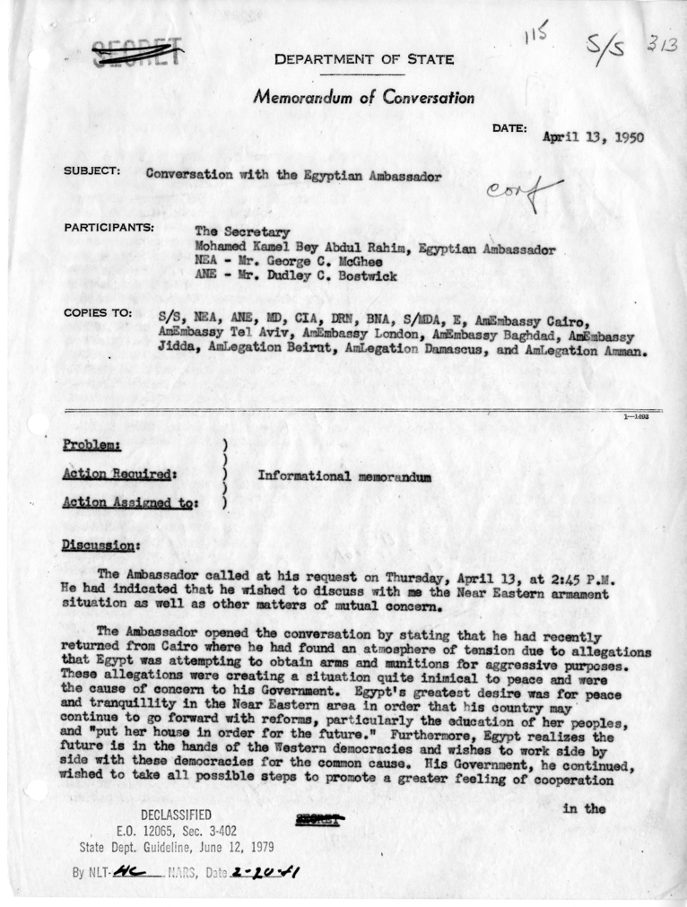 Memorandum of Conversation with the Ambassador of Egypt, George C. McGhee, and Dudley C. Bostwick