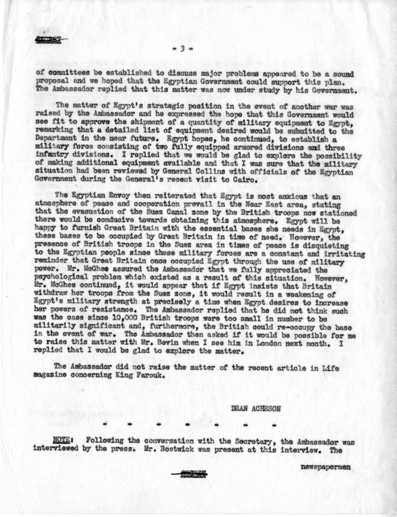 Memorandum of Conversation with the Ambassador of Egypt, George C. McGhee, and Dudley C. Bostwick