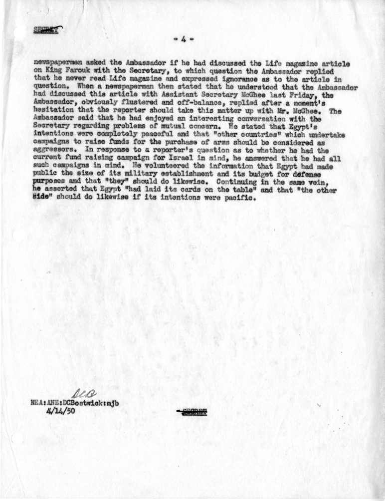 Memorandum of Conversation with the Ambassador of Egypt, George C. McGhee, and Dudley C. Bostwick