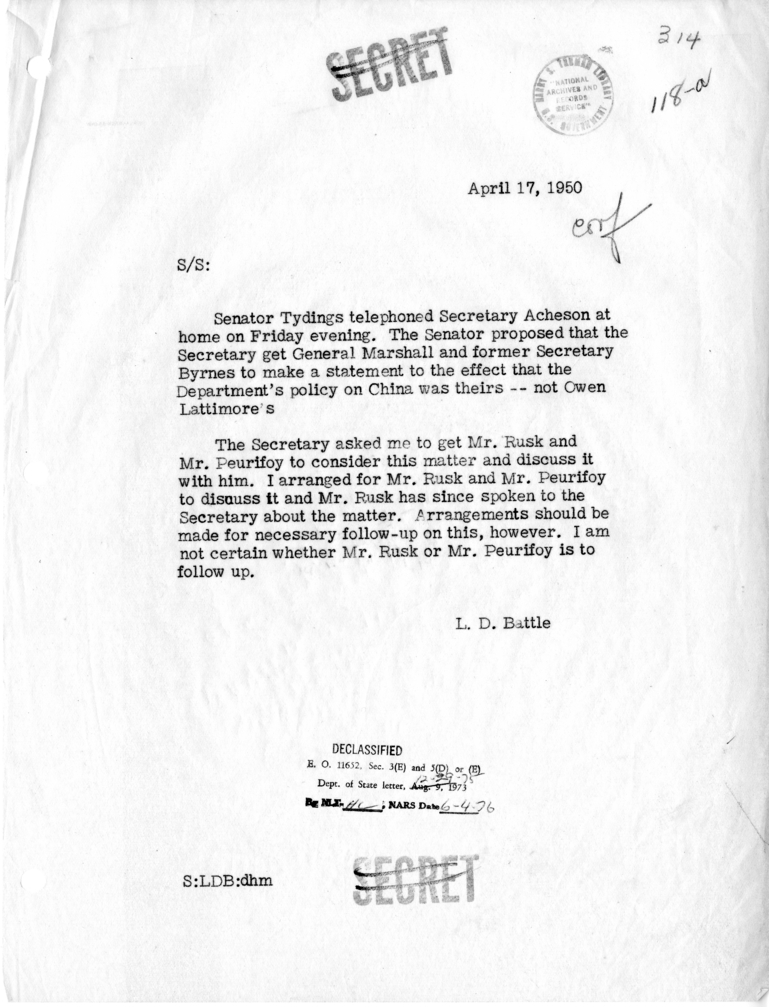 Memorandum of Telephone Conversation with Senator Millard Tydings