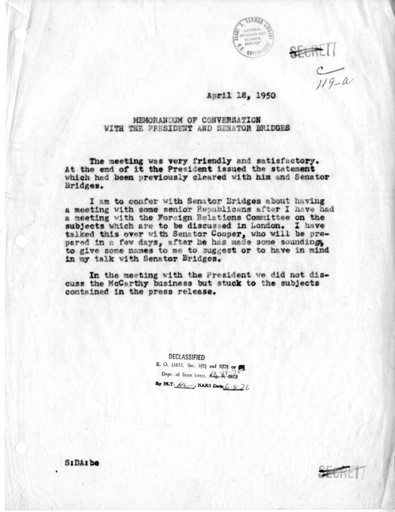 Memorandum of Conversation with President Harry S. Truman and Senator Styles Bridges