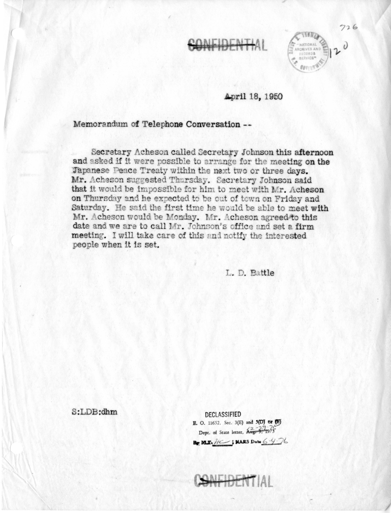 Memorandum of Telephone Conversation with Secretary of Defense Louis Johnson