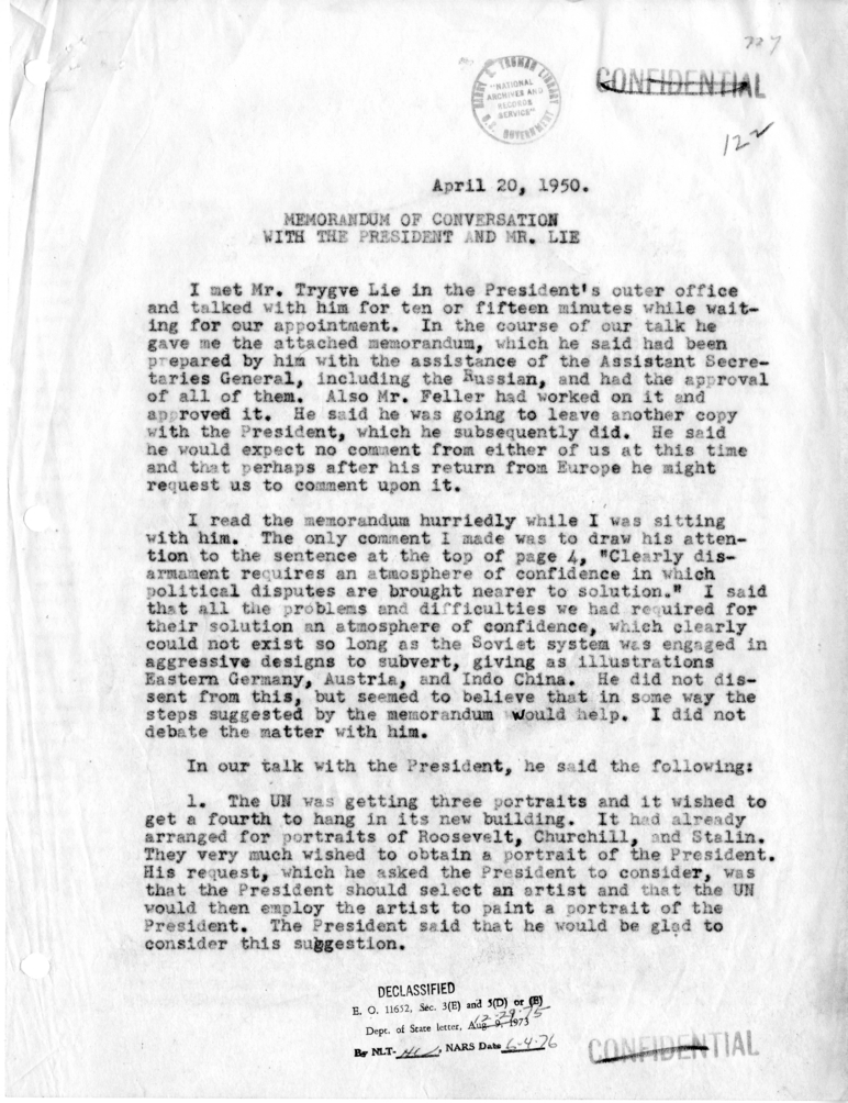 Memorandum of Conversation with President Harry S. Truman and Mr. Trygve Lie