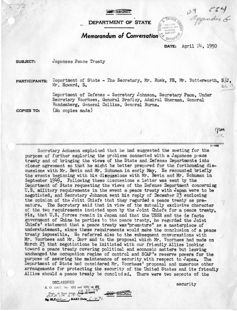 Memorandum of Conversation with Dean Rusk, W. Walton Butterworth, Harry N. Howard, and Representatives of the Department of Defense