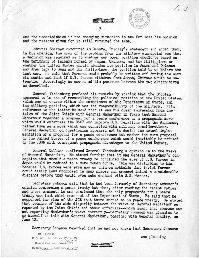 Memorandum of Conversation with Dean Rusk, W. Walton Butterworth, Harry N. Howard, and Representatives of the Department of Defense