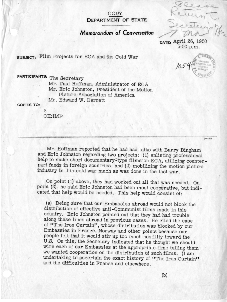 Memorandum of Conversation with Paul Hoffman, Eric Johnston, and Edward W. Barrett