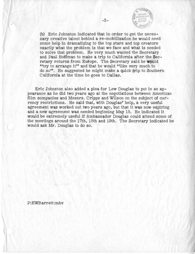 Memorandum of Conversation with Paul Hoffman, Eric Johnston, and Edward W. Barrett