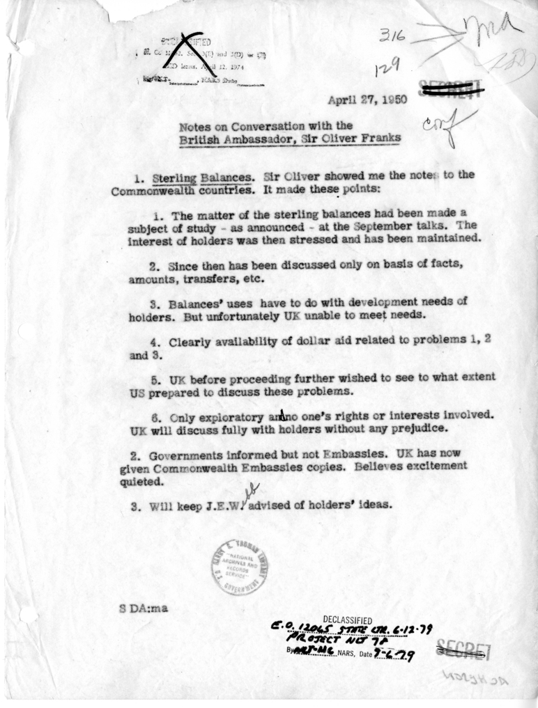 Memorandum of Conversation with the Ambassador of Great Britain, Sir Oliver Franks