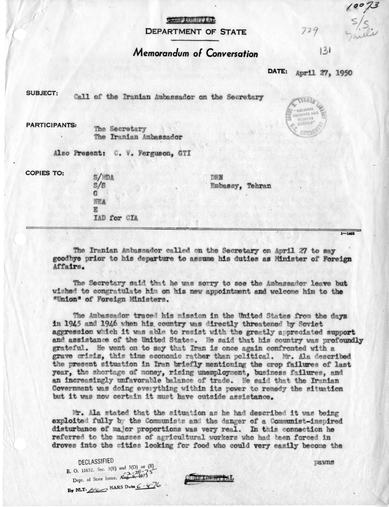 Memorandum of Conversation with the Ambassador Hussein Ala of Iran and C. Vaughan Ferguson