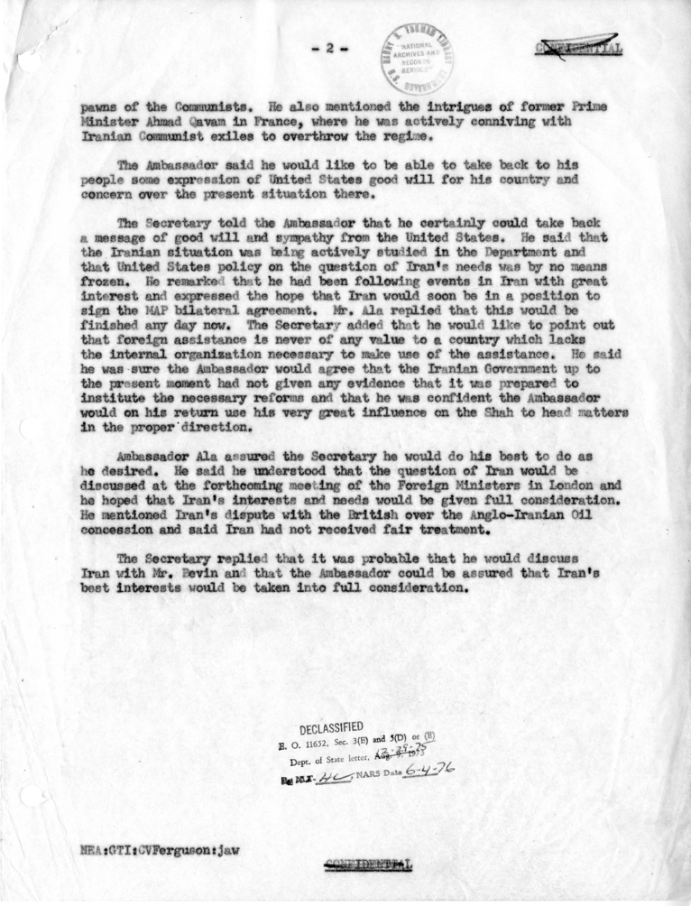 Memorandum of Conversation with the Ambassador Hussein Ala of Iran and C. Vaughan Ferguson