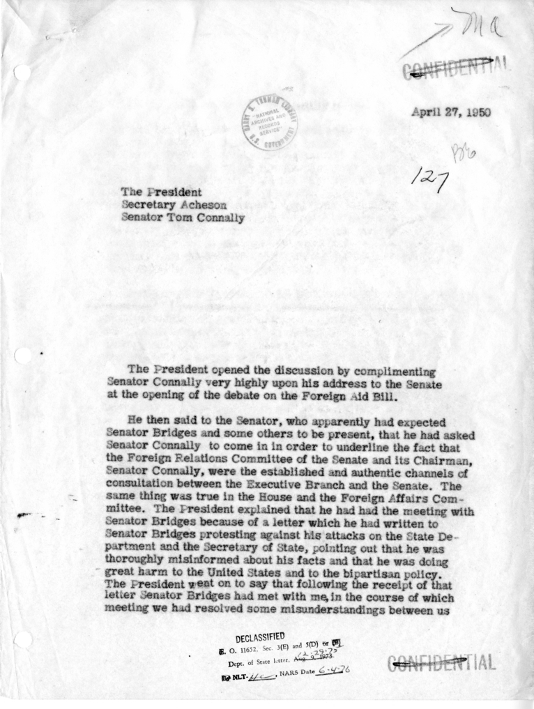 Memorandum of Conversation with the President and Senator Tom Connally