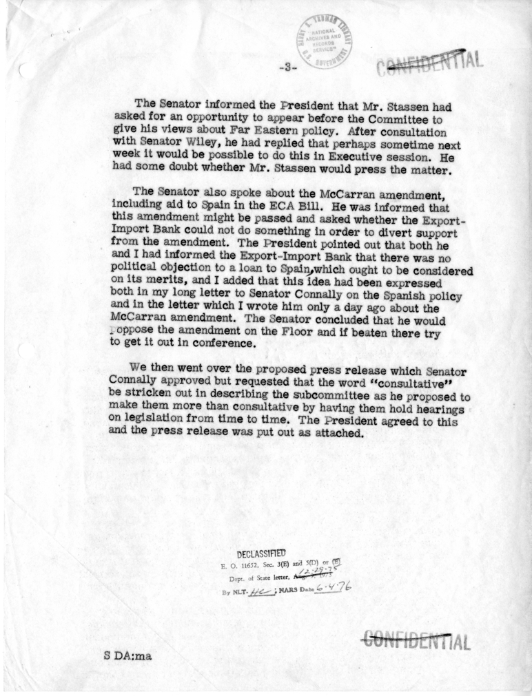 Memorandum of Conversation with the President and Senator Tom Connally