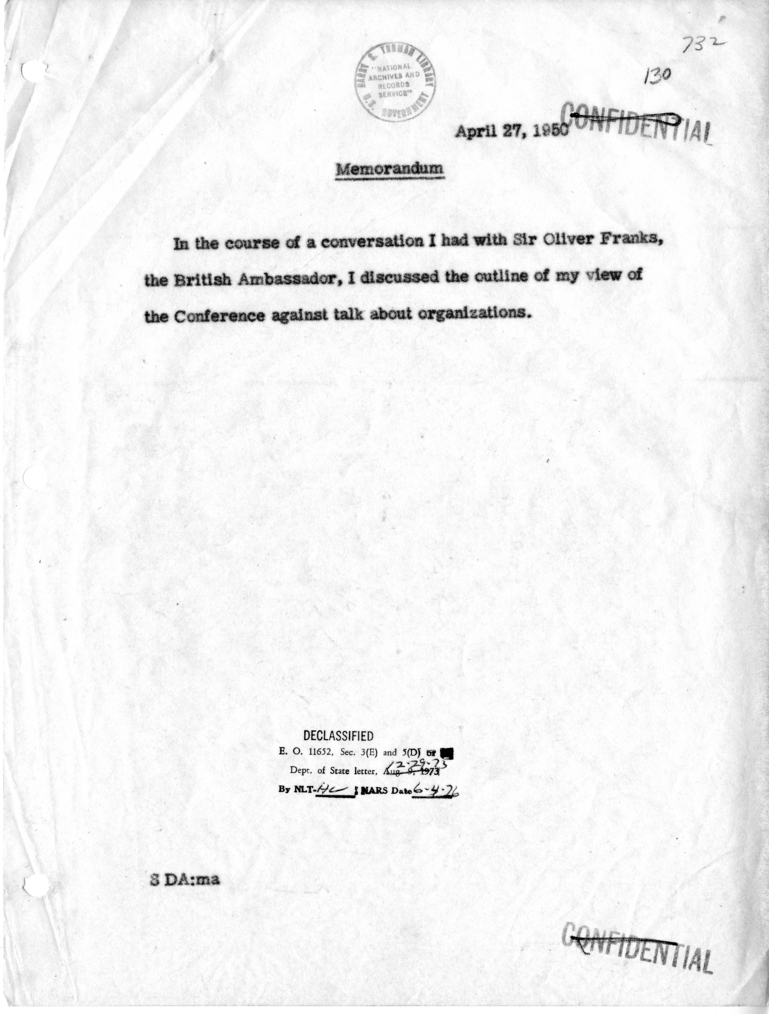 Memorandum of Conversation with British Ambassador Sir Oliver Franks