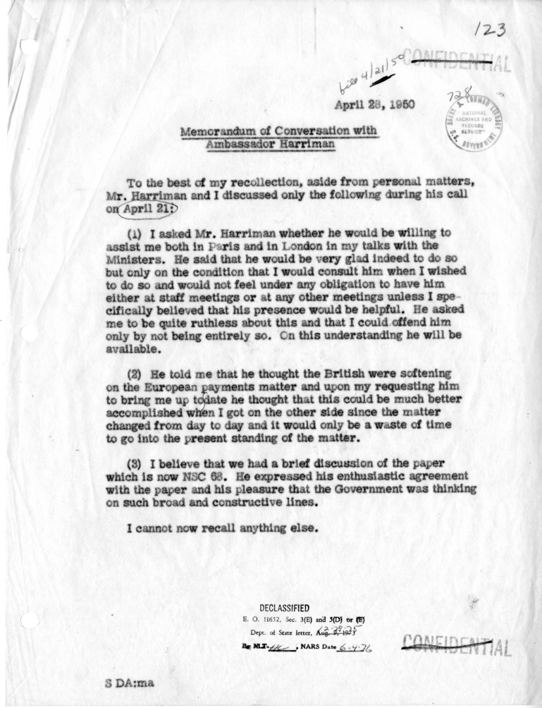 Memorandum of Telephone Conversation with Ambassador Averell Harriman