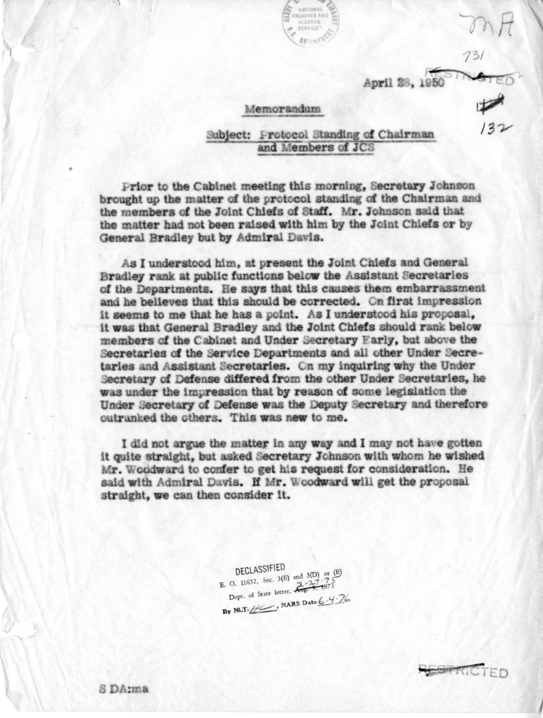 Memorandum of Conversation with Secretary of Defense Louis Johnson