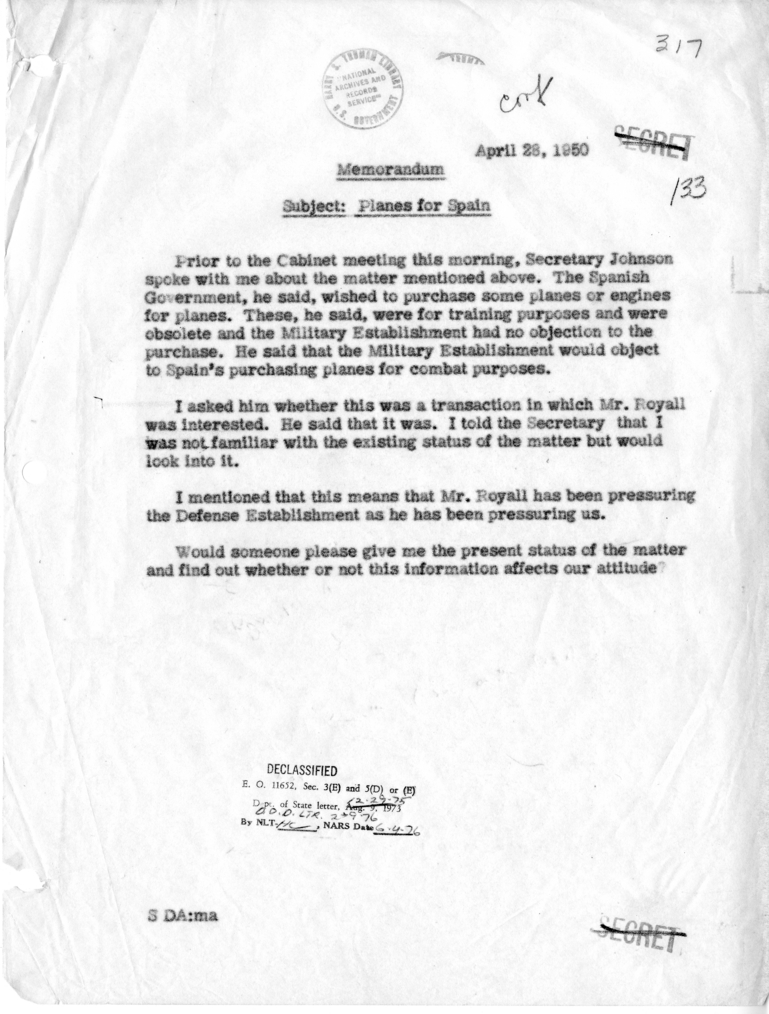 Memorandum of Conversation with Secretary of Defense Louis Johnson
