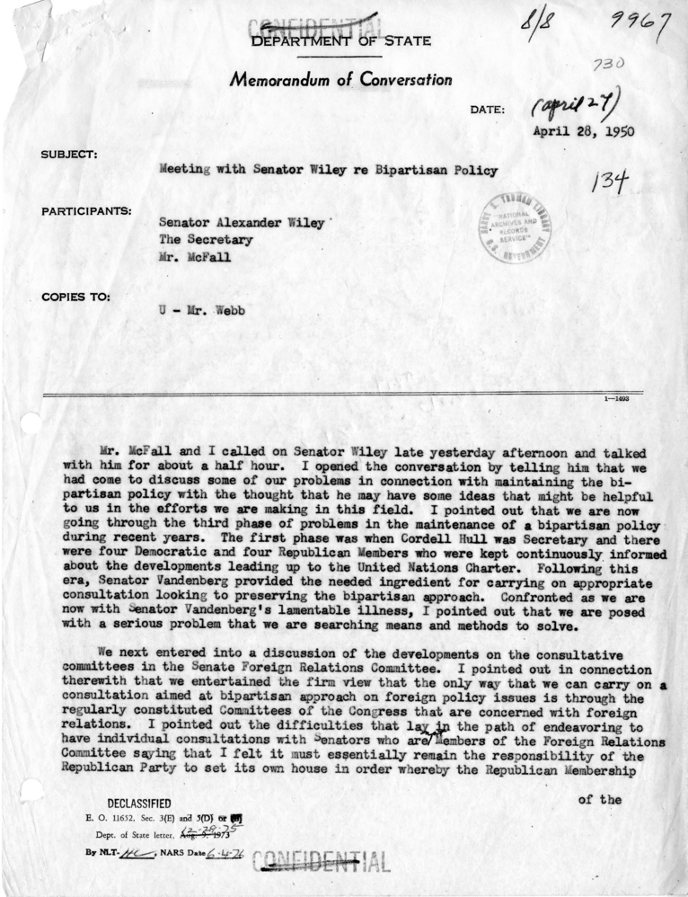 Memorandum of Conversation with Senator Alexander Wiley and Jack McFall