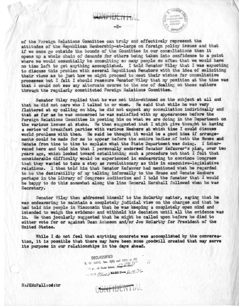 Memorandum of Conversation with Senator Alexander Wiley and Jack McFall