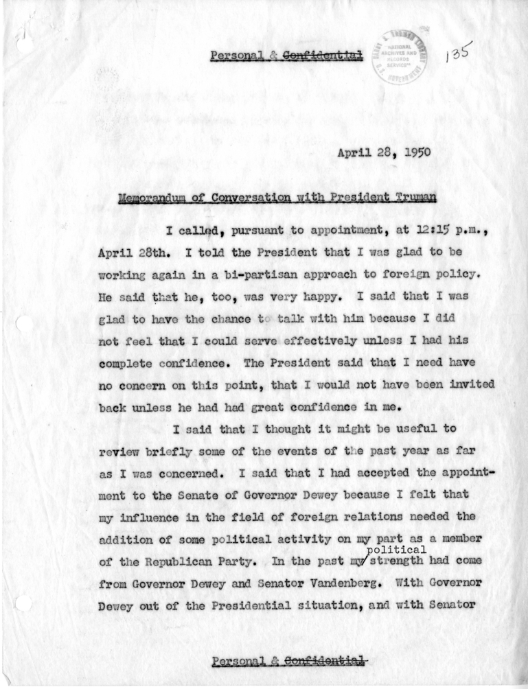 Memorandum of Conversation Between John Foster Dulles and President Harry S. Truman