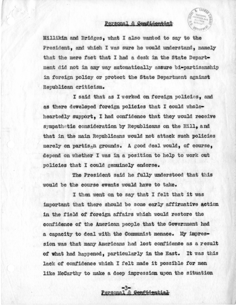 Memorandum of Conversation Between John Foster Dulles and President Harry S. Truman