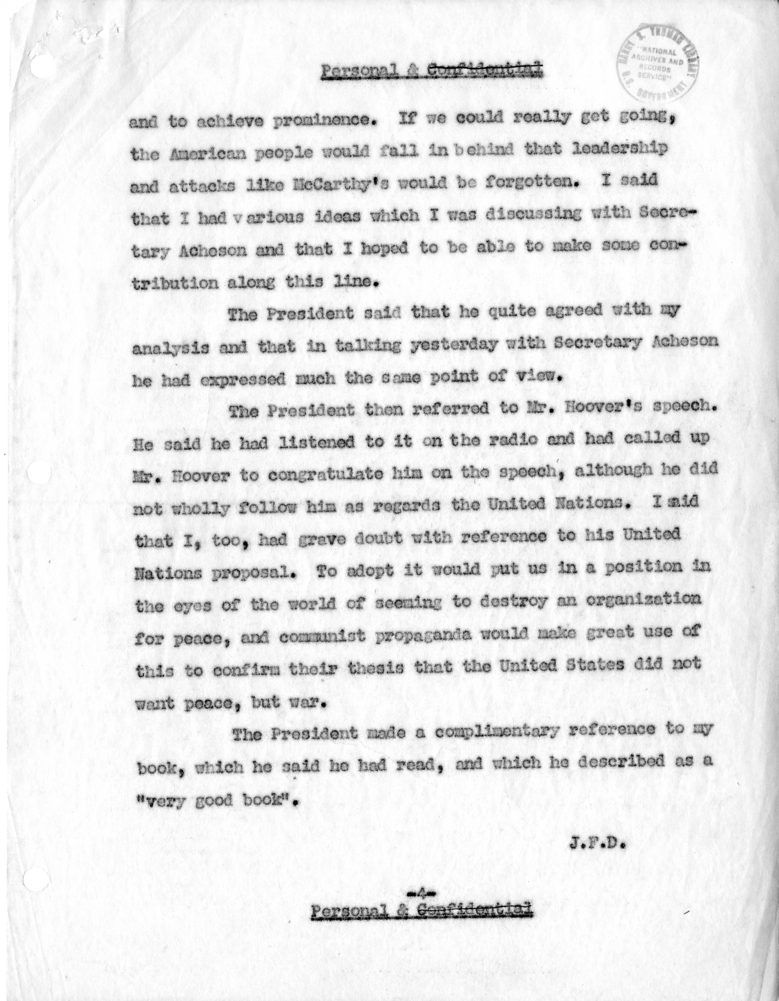 Memorandum of Conversation Between John Foster Dulles and President Harry S. Truman