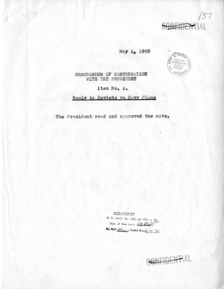 Memorandum of Conversation with President Harry S. Truman and Judge John Kee