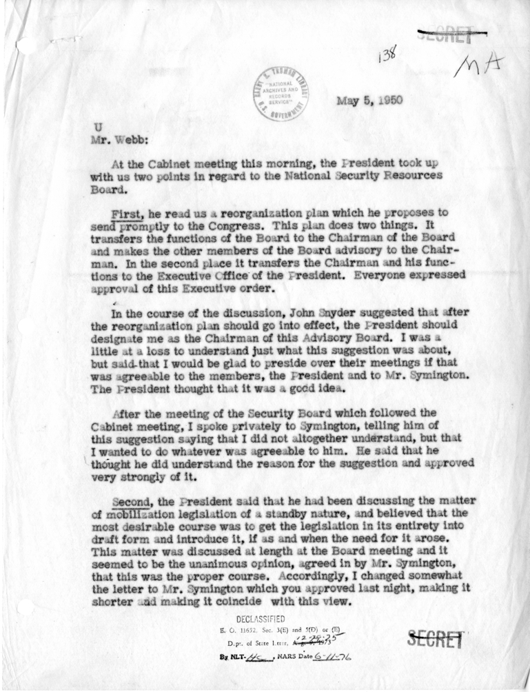 Memorandum from Dean Acheson to James Webb