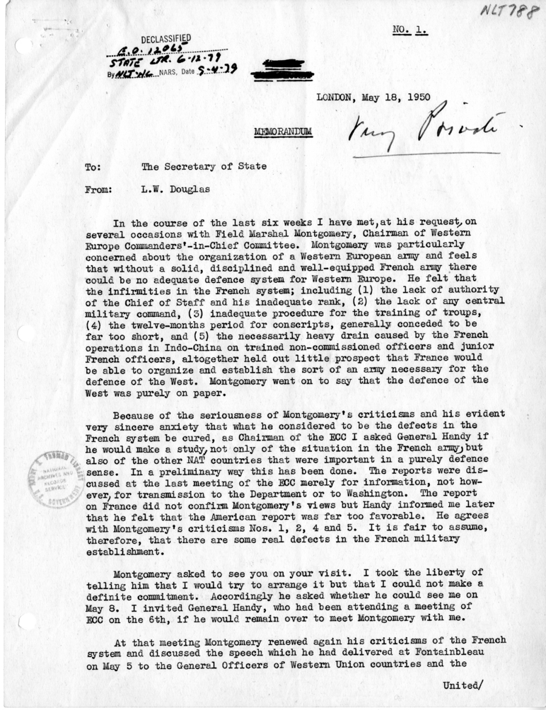 Letter from Ambassador Lewis Douglas to Dean Acheson, with Attached Memorandum