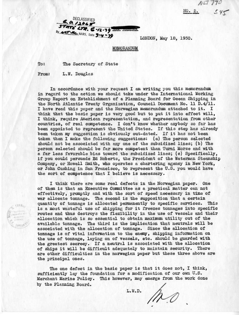 Letter from Ambassador Lewis Douglas to Dean Acheson, with Attached Memorandum