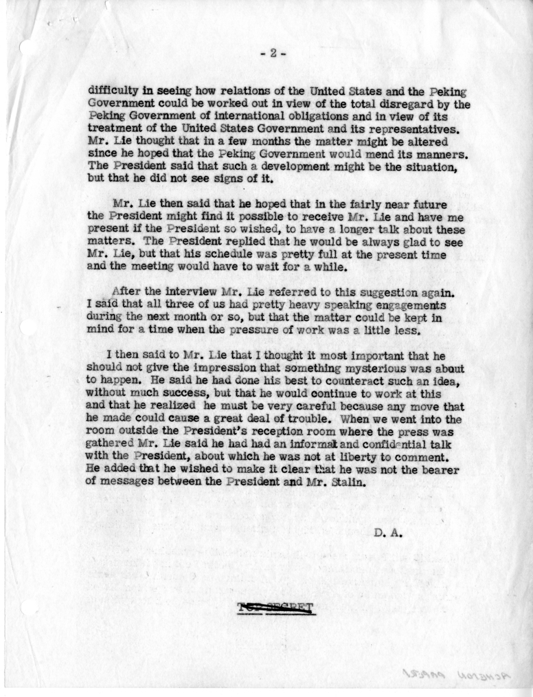 Memorandum of Conversation with President Harry S. Truman, Trygve Lie and Mr. Byron Price