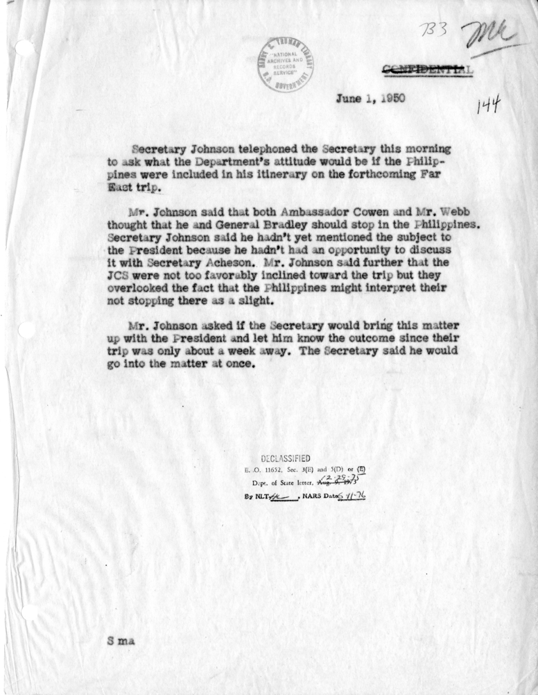 Memorandum of Telephone Conversation with Secretary of Defense Louis Johnson