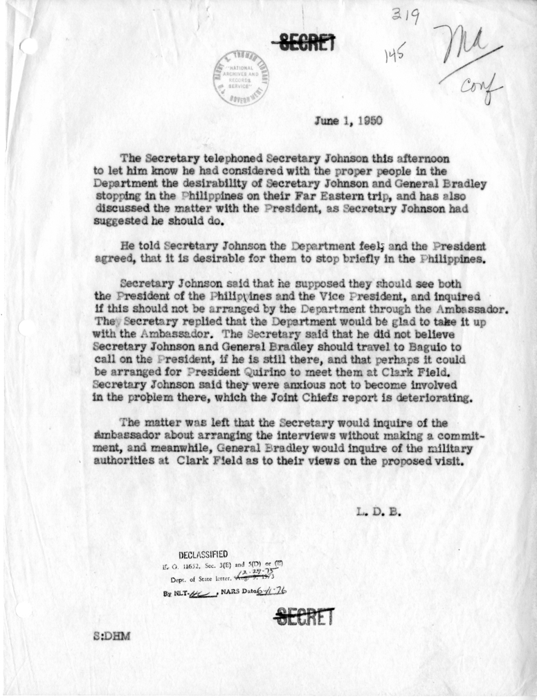 Memorandum of Telephone Conversation with Secretary of Defense Louis Johnson