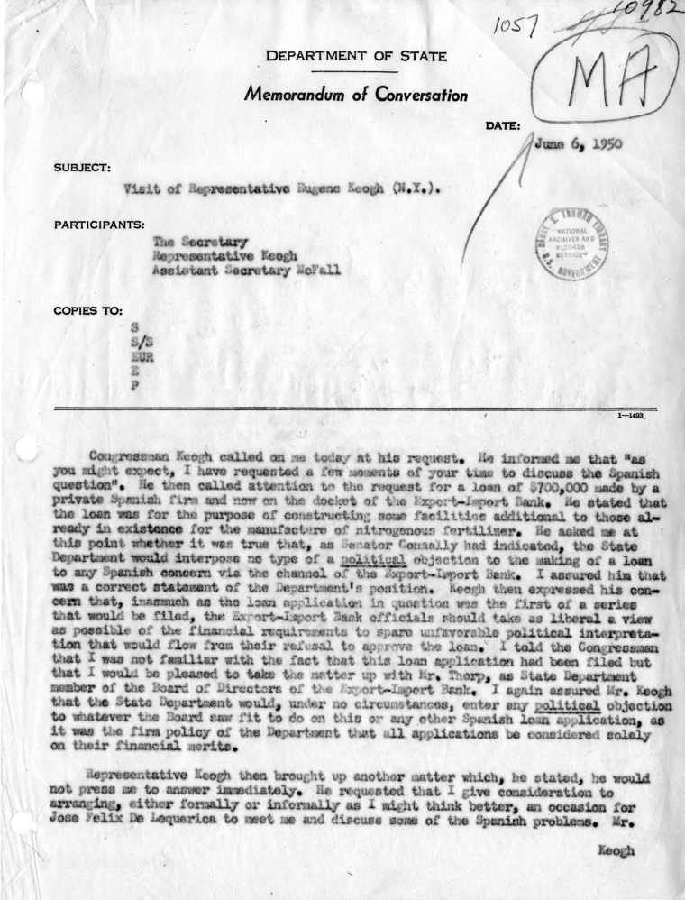 Memorandum of Conversation with Representative Eugene Keogh and Assistant Secretary Jack McFall