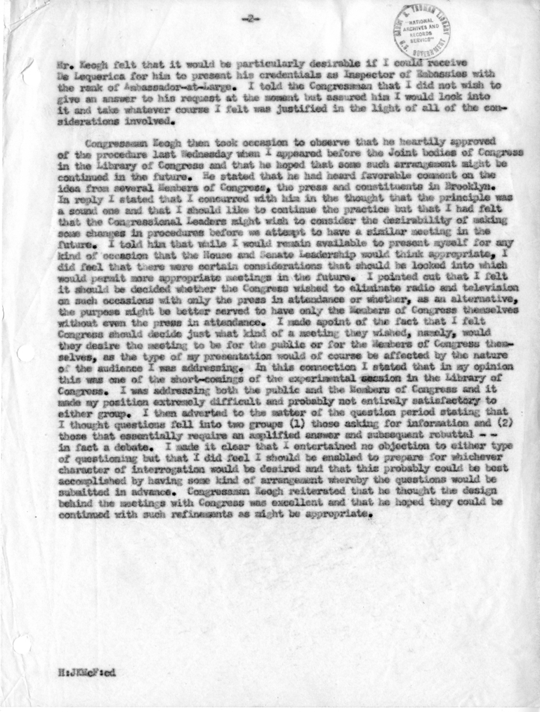 Memorandum of Conversation with Representative Eugene Keogh and Assistant Secretary Jack McFall