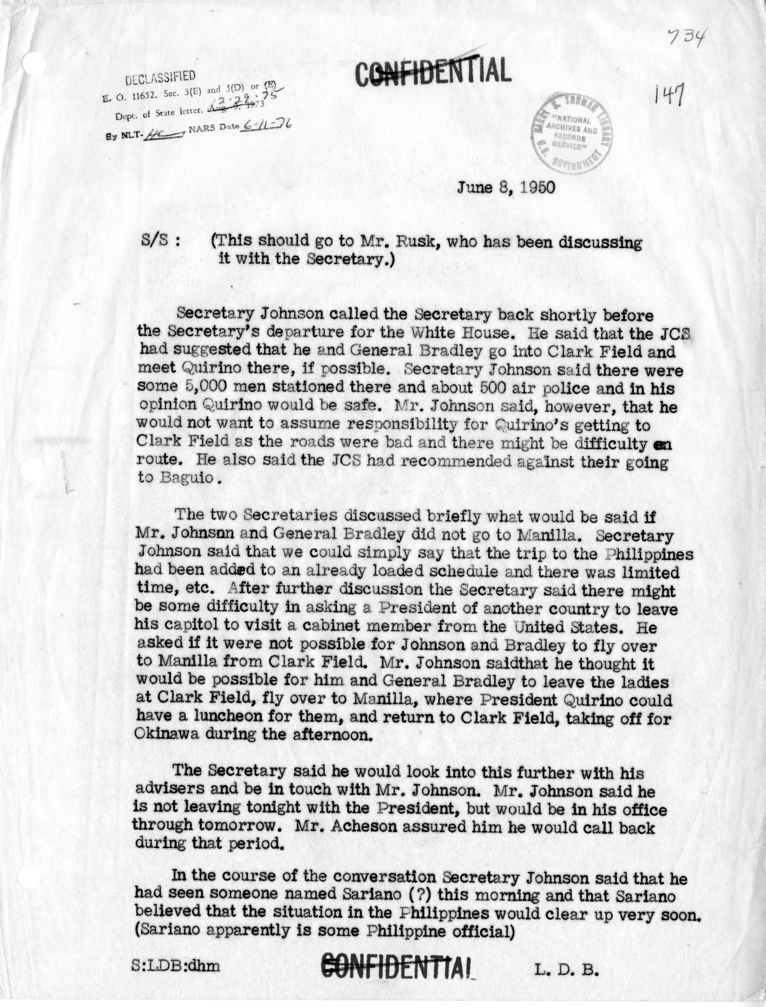 Memorandum of Telephone Conversation with Secretary of Defense Louis Johnson